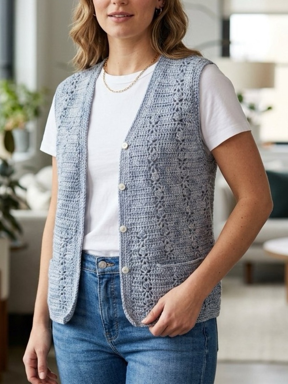 Hand Knit Heater Blue Button Down Vest